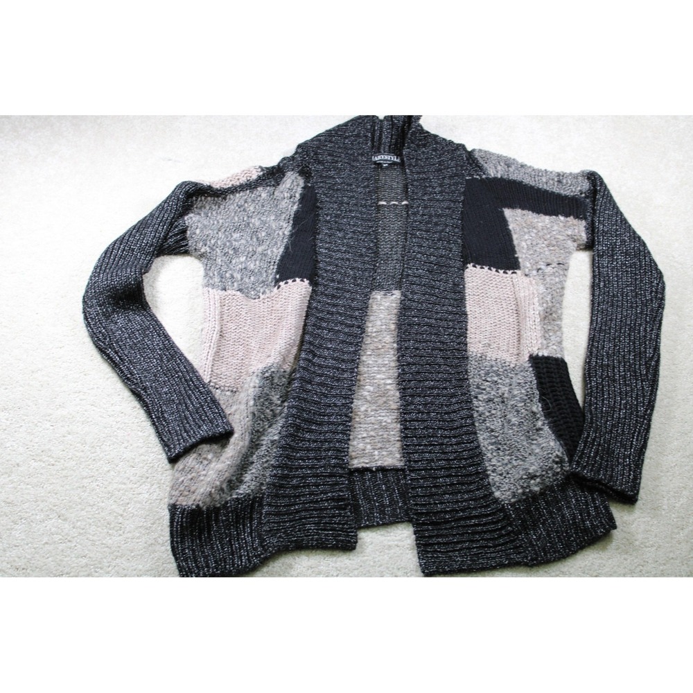 Marystyle Sweater Womens Medium Patchwork Open Front Black Gray Wool Blend Italy